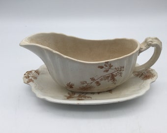 Antique A Shaw /Aesthetic Era Brown Transferware Gravy Boat & Underplate / 1898-1900