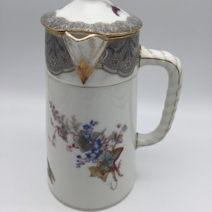 Beautiful and Rare Antique Aesthetic Era Right Angle Pour Porcelain Chocolate Pot / Butterflies / Hand Colored Transferware