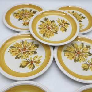 Set of 7 Salad Plates / MCM Mikasa Cera Stone / Daybreak  / D1351 / Japan / Large Yellow Flowers