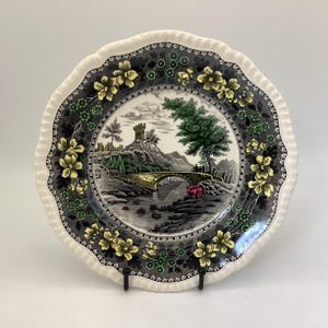 1928 Copeland Spode Plate – Roche Hermitage – Roche, England – 9.25” Black Transferware w/ Hand-Tinted Col