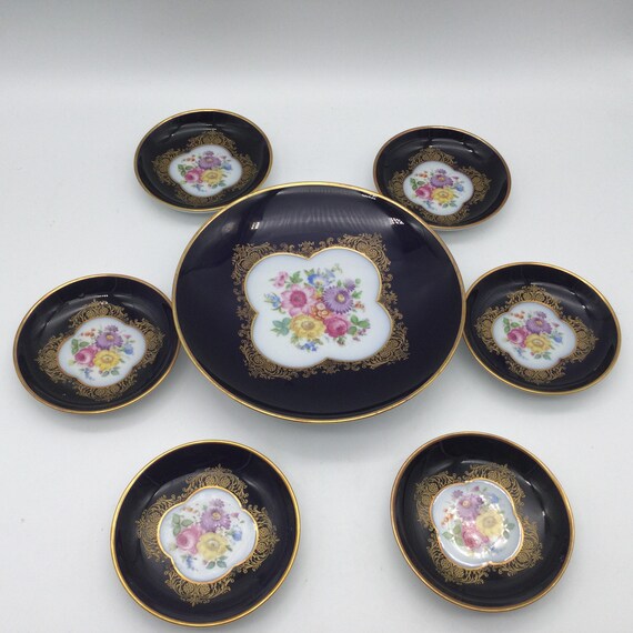 Echt C M Hutschenreuther Kobalt Small Dessert Set / 1 Large & 6 