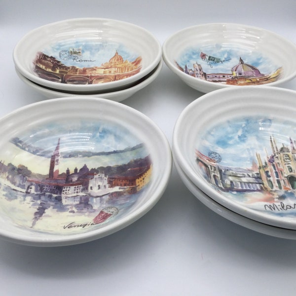 Set of 6 Italian Postcard Style Pasta Bowls / Tuscan Table / Roma / Firenze / Venezia / Milano