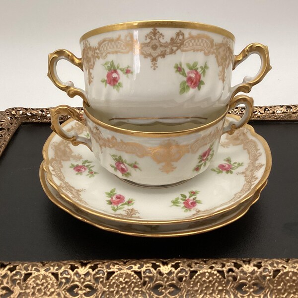 Service de Tasses à Crème Antique en Porcelaine, France, Soucoupes Limoges Rose Dorée