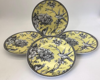 Yellow Black Bird Floral Appetizer Plates Set of 4 222 Fifth Adelaide Porcelain Chinoiserie