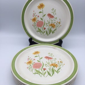 Royal China USA Set of 4 Dinner Plates / Mid Century/ Green Band with Pink, Peach & Yellow Floral Center / HTF