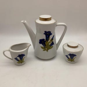 May include: A white ceramic tea set featuring a teapot, creamer, and sugar bowl. Each piece is decorated with a blue floral design and gold trim. The teapot has a long spout and a lid with a gold band. The creamer and sugar bowl also have gold accents.