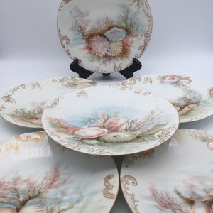 Rare Antique J Pouyat Limoges Set of 6  Handpainted Seascape Cabinet Plates Artist Signed  / 1890-1902
