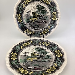 1928 Copeland Spode Plate – Nottar Bridge – Cornwall, England – 9.25” Black Transferware w/ Hand-Tinted Color