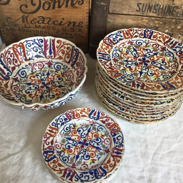 Antique Fischer & Mieg Pirkenhammer Artist Signed Hand Painted  Imari with Birds / 17 Pieces