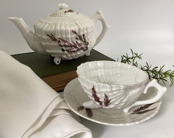 Vintage Shell Teapot Tea for One Set, Lavender Pink Porcelain Cottage Tea