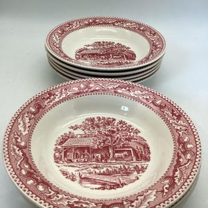Vintage Royal Ironstone Soup Bowls - Red Transferware Acorn Design