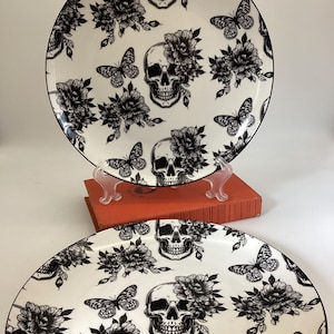 Zrike Brands Skull & Butterfly Dinner Plate – 10.5” Gothic Floral Black and White – Sold Separately