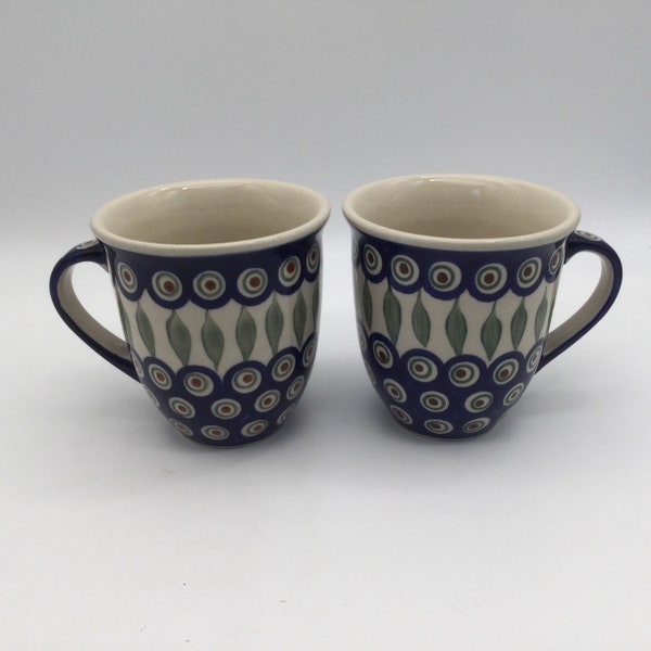 Pair of Large 16 oz Handpainted Vintage Boleslawiec / Ceramika Z  Boleslawca Pottery Mugs / Cobalt  Blue & Green