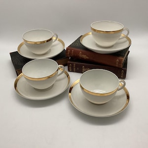 Antique Haviland & Co. Limoges Elegant Gold Trimmed /Set of 4 Teacups and Saucers / Turn of the Century
