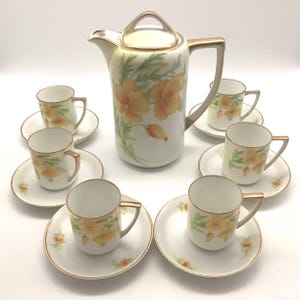 Antique Hand Painted Nippon Demitasse Coffee Set by porcelain artist M. Ware – 14 Pc, 1911–1921, Yellow Poppies, Gold Trim