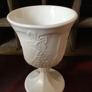 Vintage Set of 4 Milk Glass Goblets / Colony / Indiana Glass / Harvest Grape Pattern