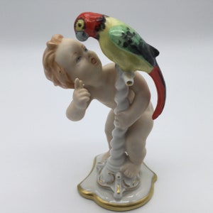Vintage Alka Bavaria / West Germany Cherub with Colorful Parrot / #261 / 1938-1958