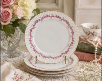 JLMenau Graf Von Henneberg 1777 Dessert Plates Set of 4, Pink Rose Swag Porcelain, East Germany, Vintage Gold Trim