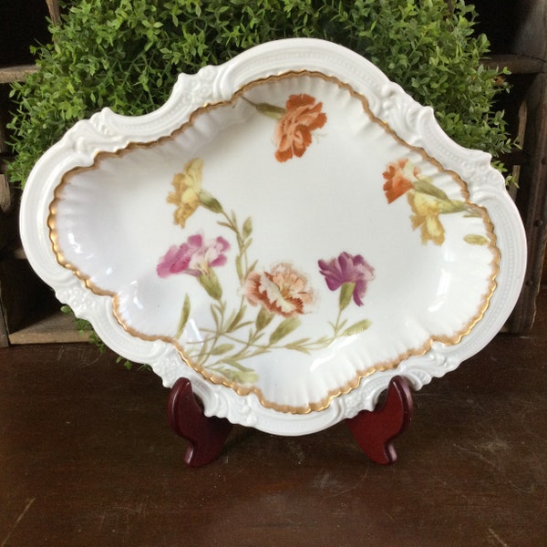 Antique T & V Limoges Depose France Free Form Candy / Console Bowl / Gold Gilt / Floral / Tressemann and Vogt/ 1892-1907