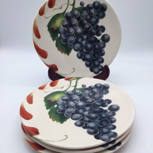 Vintage Williams Sonoma Portugal Set of 4 Painted Fruit / Grape Design Plates / Discontinued