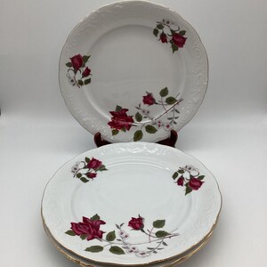 May include: White porcelain plates with a gold rim and a floral rose design. The plates feature a raised edge and are decorated with red roses and white flowers. The plates are stacked on top of each other.
