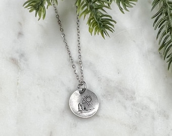 Hand Stamped Mountain Scene Pendant, Adjustable Stainless Steel Chain