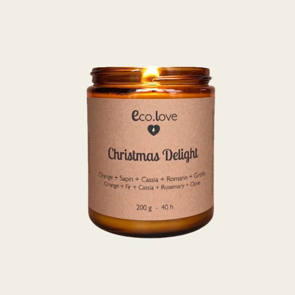 CHRISTMAS DELIGHT - Orange + Balsam Fir + Cassia + Rosemary + Clove. Sweet Spicy Note. Pure Essential Oil Candle. EcoLoveStores