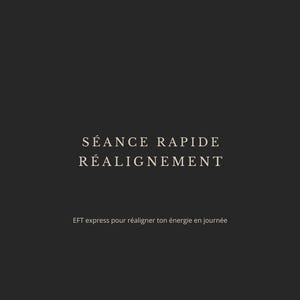 Puede incluir: Fondo gris oscuro con texto blanco. El texto dice "SÉANCE RAPIDE RÉALIGNEMENT" y "EFT express pour réaligner ton énergie en journée". El logotipo de Blooming Together está en la parte inferior.