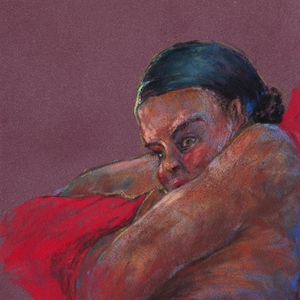 Model on Red Cloth. original soft pastel painting/drawing in a modern impressionistic style.