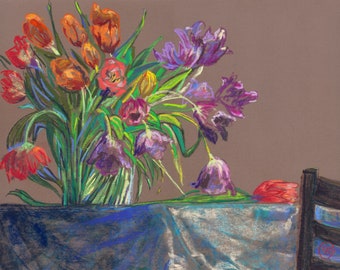 Tulipes. Dessin/peinture original au pastel sec. Nature morte de style impressionniste moderne.