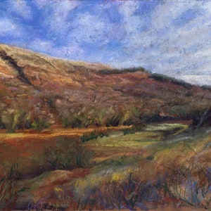 Scottish valley. Original soft pastel landscape painting in a modern impressionistic style (with a hint of gold).