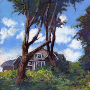 Behind the trees. Original soft pastel drawing/painting.Canadian landscape with villa in a modern realistic impressionistic style.