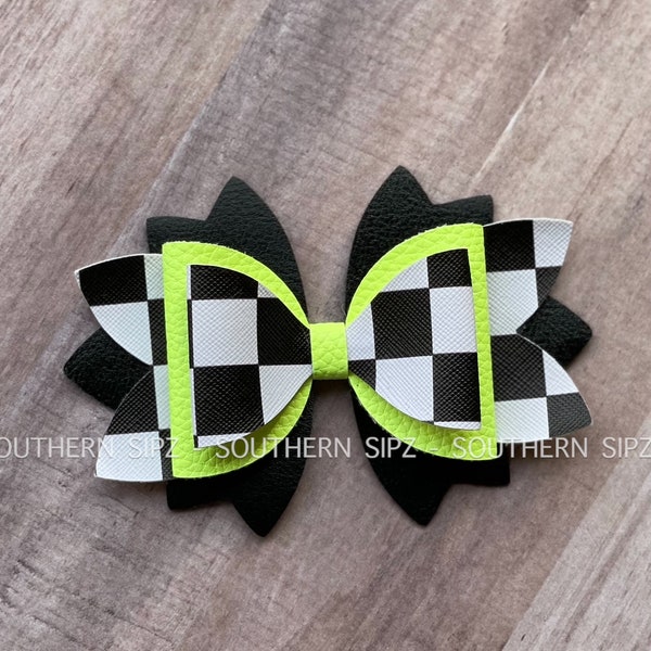 Neon Straw Bow, Straw Topper, Tumbler Bow, Neon Yellow Checkered and Black