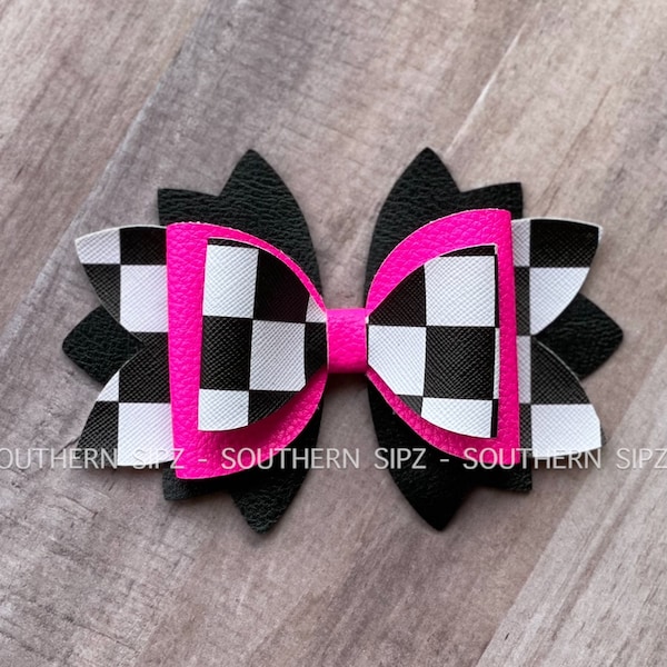 Neon Straw Bow, Straw Topper, Tumbler Bow, Electric Pink Checkered and Black