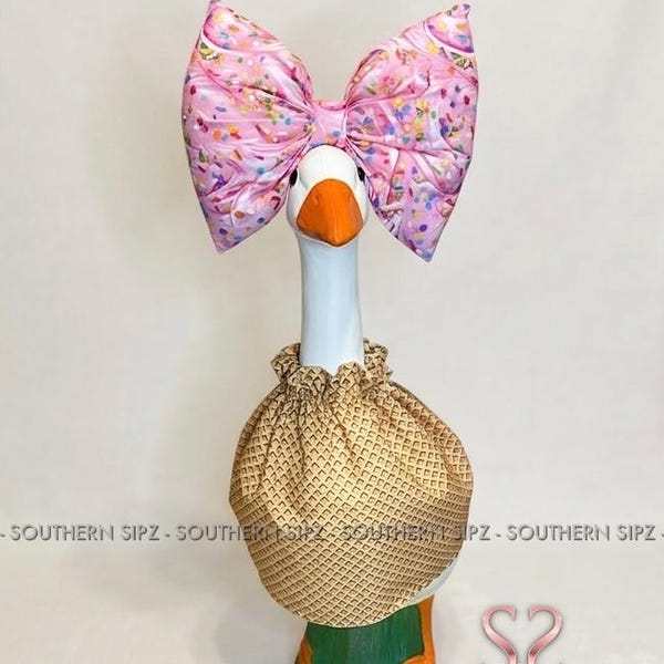 Ice Cream Goose Outfit, Waffle Cone Dress, Pink Bow, Summer Porch, 23 Inch Goose