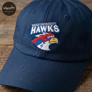 May include: A navy blue baseball cap featuring the text "Briar University Hawks" above an embroidered hawk logo in red, white, blue, and yellow. The cap has a curved brim and a six-panel design. The logo of "Hollywood 1923" is visible in the upper left corner.