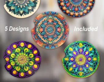 Mandela Designs, Floral and Colorful Patterns, 5 Car Coaster PNG Designs, Digital Download