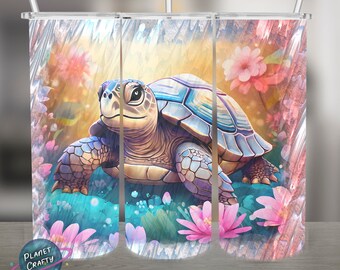 Turtle and Flowers PNG Design, 20Oz Skinny Tumbler Wrap, Digital Download