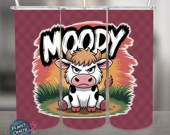 Moody, Funny Cow Illustration PNG Design, 20Oz Skinny Tumbler Wrap, Digital Download