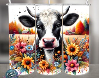 Fall  Cow, Autumn Colors, Florals PNG Design, 20Oz Skinny Tumbler Wrap, Digital Download