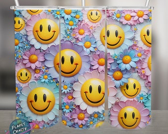 Pastel Smiling Faces and Flowers PNG Design, 20Oz Skinny Tumbler Wrap, Digital Download
