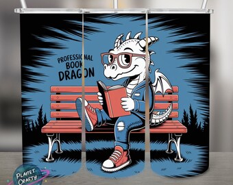 Professional book dragon, reading dragon PNG Design, 20Oz Skinny Tumbler Wrap, Digital Download