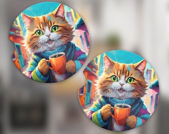 Coffee Cat, Fun Car Coaster PNG Design, Digital Download