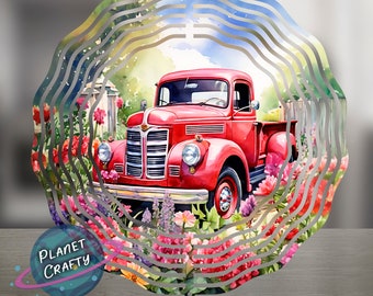 Vintage Red Truck in a Field of Flowers, Wind Spinner PNG Design, Digital Download