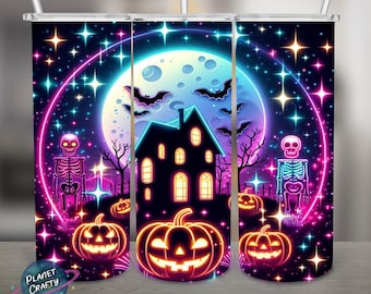 Neon Haunted House, Halloween PNG Design, 20Oz Skinny Tumbler Wrap, Digital Download
