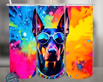 Doberman, Fun Neon Colorful PNG Design, 20Oz Skinny Tumbler Wrap, Digital Download