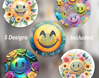 Bundle, Cute Smiling Faces With Flowers Car Coaster PNG Designs, Digital Download