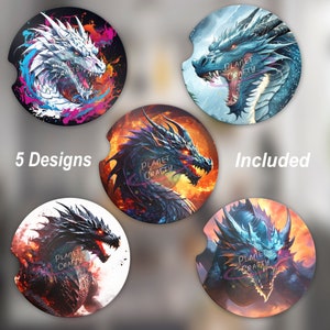 バンドル フィアース ドラゴン。5 台のコースター PNG デザイン、デジタル ダウンロード