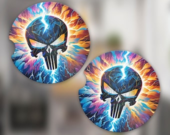 Lightning Surrounds Skull, Colorful Car Coaster PNG Design, Digital Download