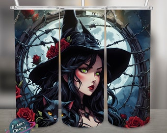 Witch With Black Cat PNG Design, 20Oz Skinny Tumbler Wrap, Digital Download